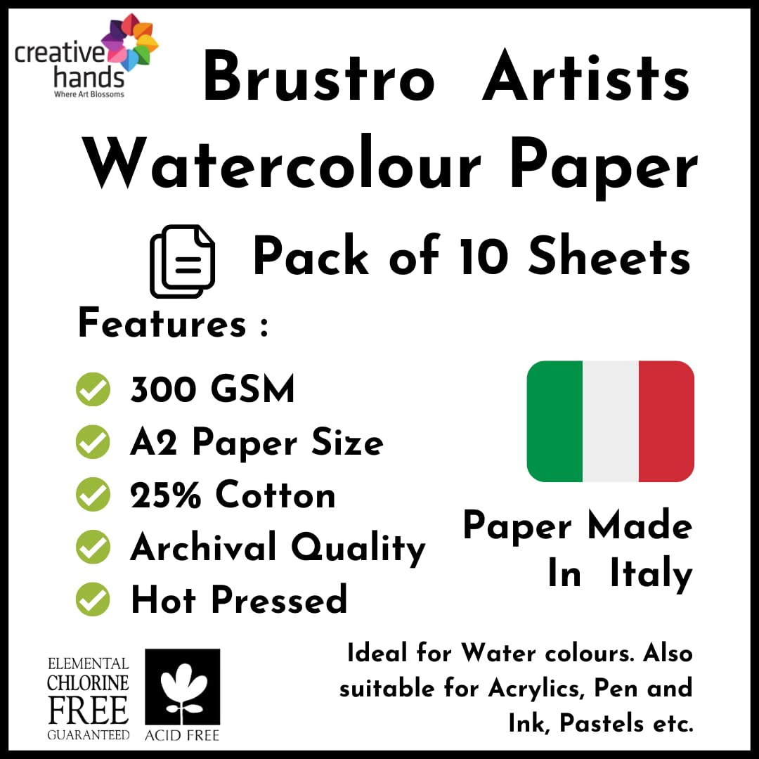 BRUSTRO Artyści 25% bawełniany papier akwarelowy, tłoczony na gorąco, 300 g/m², rozmiar A2, 10 arkuszy, idealny do akwareli, akrylu, gwaszu, węgla drzewnego, grafitu, atramentu i innych mieszanych