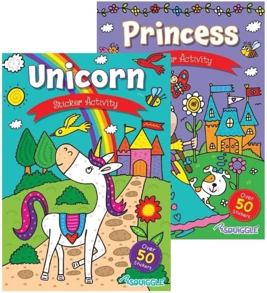 Squiggle A4 Unicorn & Princess Sticker Activity & Colouring Books - Set of 2