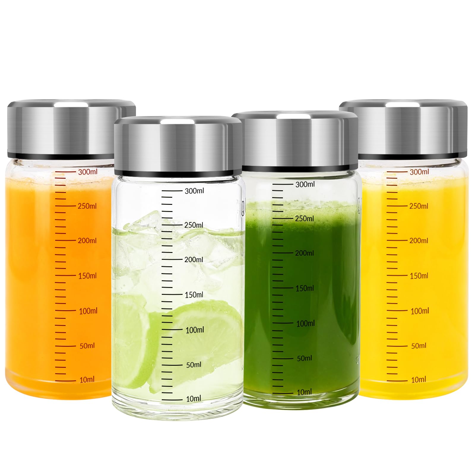Green Nexus Juice Bottles with Lids – 4 Pack 10 OZ Wide Mouth Glass with Stainless Steel Lids – Reusable Beverage Containers for Juice, Smoothies,
