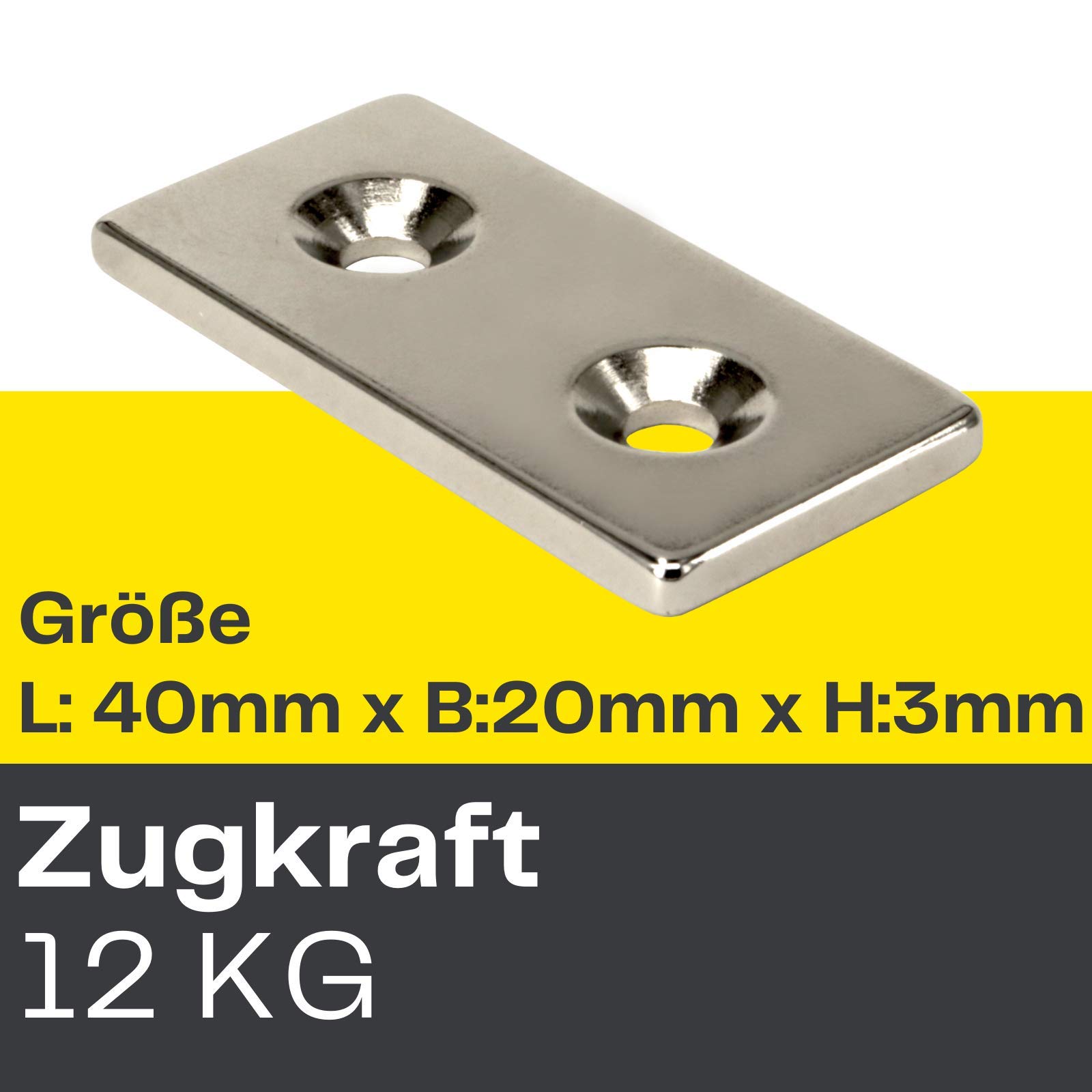 Neodym Magnet mit Bohrung und Senkung 40x20x3mm 12 KG Quader - Senkkopfschraube - M4 Senkloch zum anschrauben - Senkbohrung Senkkopf [5 Stück]