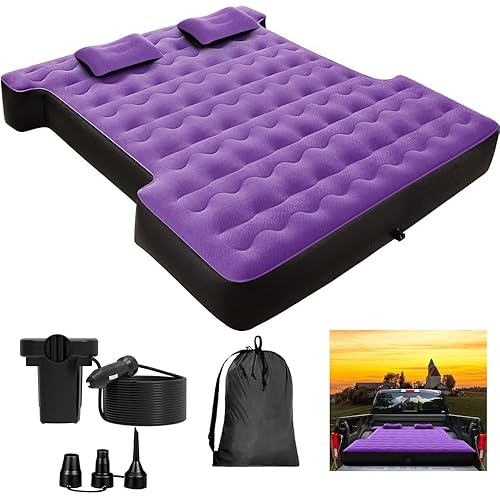 KINMAC Inflatable Full-Size Short Truck Bed Air Mattress 16.4FT Car Air Pump Cord Carry Bag for Outdoor Truck Camping Purple