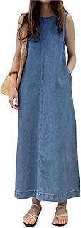 Women's Casual Sleeveless Denim Dress Summer Loose Jean Dresses Maxi Length Tank Dress with Pockets 2025