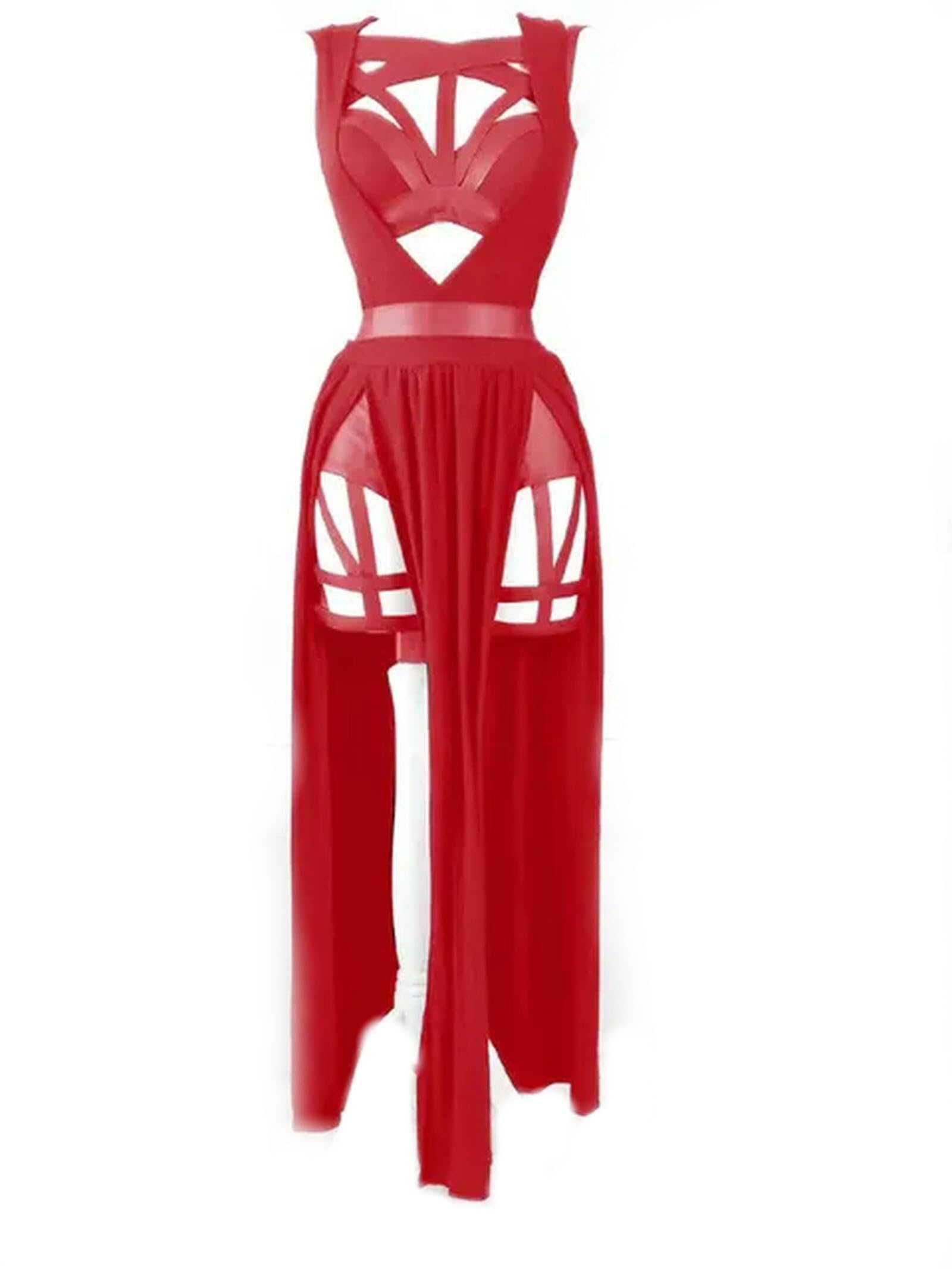 Barley Direct New 3 Piece Women's Dress Set Padded Gothic Sexy Lingerie Party Set Bandage Cutout Women's Set(Red,XL)