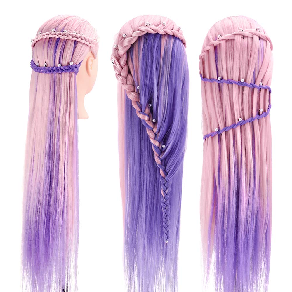 Cabeza de Maniquí de Peluquería, TopDirect 29"/75cm Cabeza Maniquí 100% de Cabello Sintética Cabeza de Muñeca para Peinar y Maquillar Practicas Formación con Soporte de Mesa y Accesorios(Rosa Violeta) — view 6