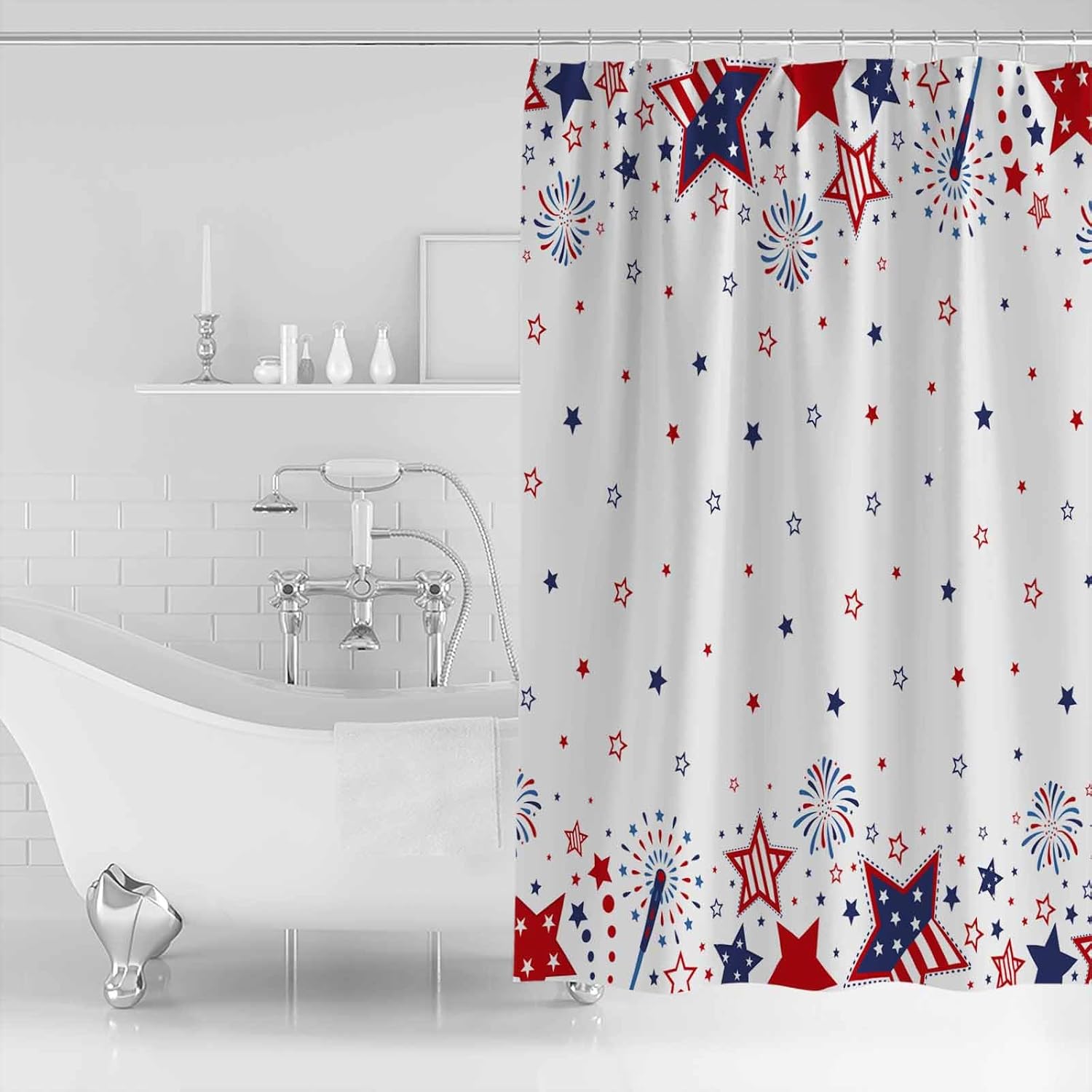 Red White and Blue Stars Shower Curtain Waterproof Red Blue Stars Firework Shower Curtain for Bathroom,Bathtub,Shower, 4th of July America Patriotic Shower Curtain Set with Hooks 72x72 Inch