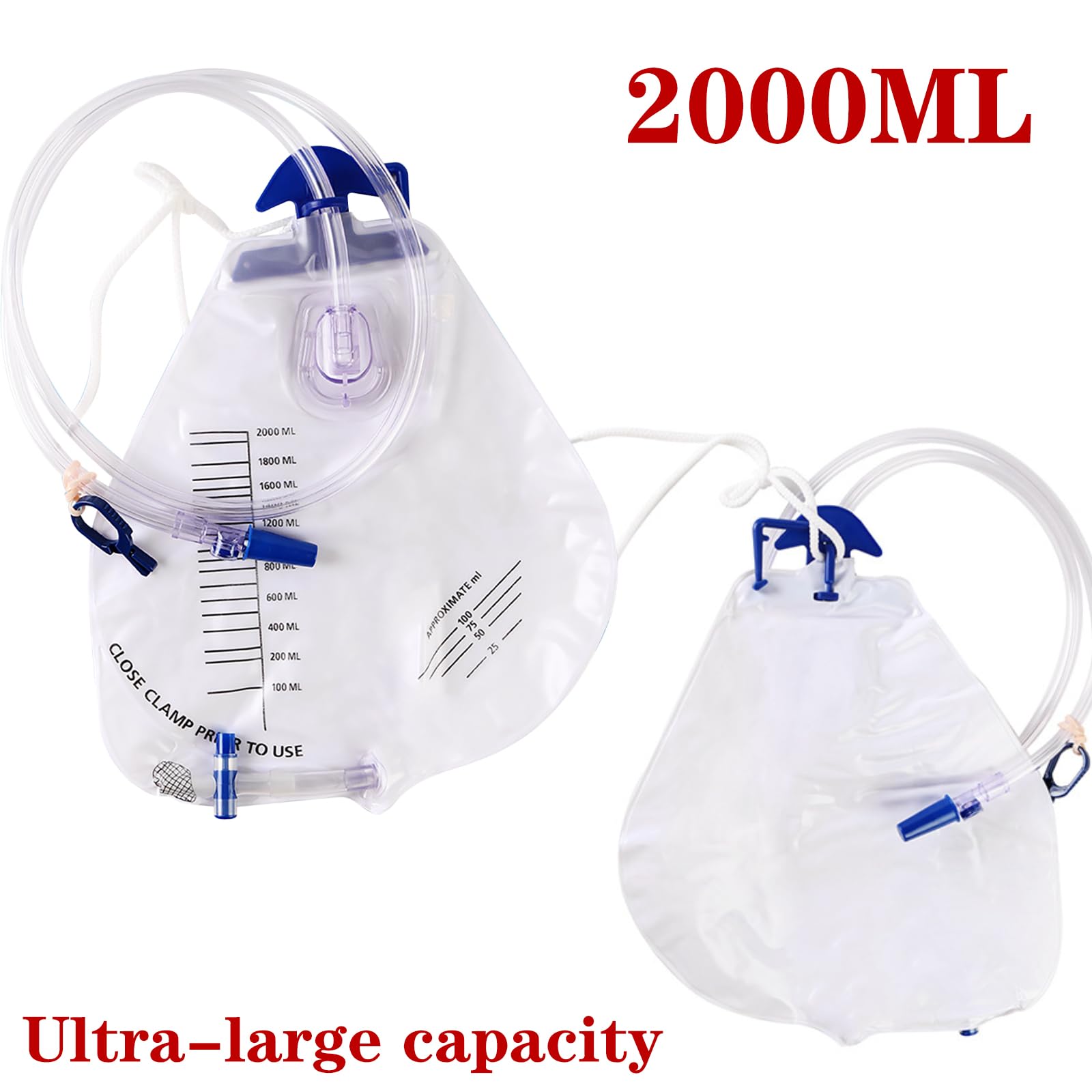 Bolsa de drenaje de orina, 2000 ml con válvula antirreflujo, drenaje de 48 pulgadas, clips y gancho para colgar (paquete de 1)