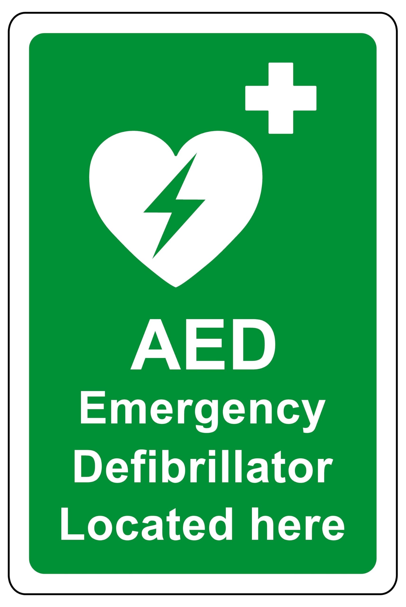 AED Safety sign - Emergency Defibrillator located here emergency sign - 1.2mm Rigid plastic for indoor/outdoor usage (300mm x 200mm) Viewing Distance within 7m.