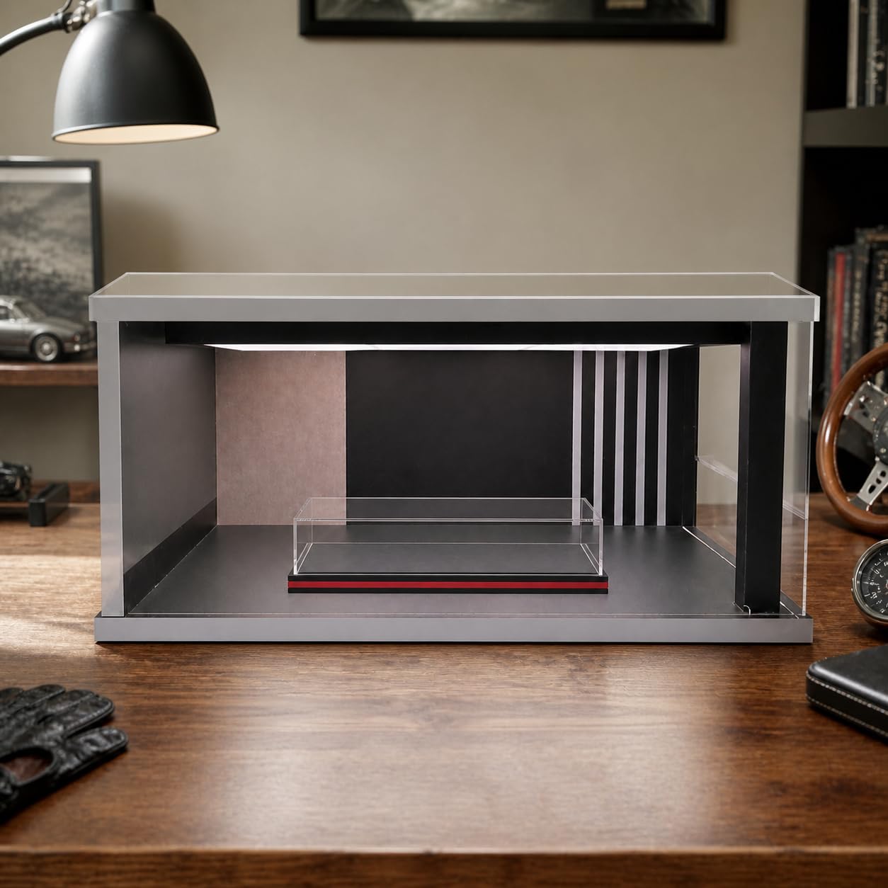 Vetrina Espositiva Modellini Auto 1:18 | Acrilico, luce a soffitto, per modellini 1:18, legno, copertura antipolvere, per ufficio