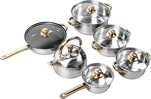 Juego de utensilios de cocina de acero inoxidable, 12 ollas y sartenes, juego de cocina con mango dorado, fácil de limpiar, juego de utensilios de