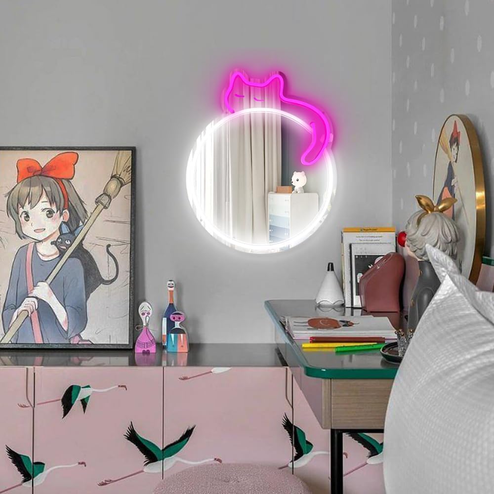 Cat Mirror Neon Sign Neon Wall Art Sign for Wall Decor LED Neon Mirror Light Sign for Girls Room Bedroom Wedding Birthday Party
