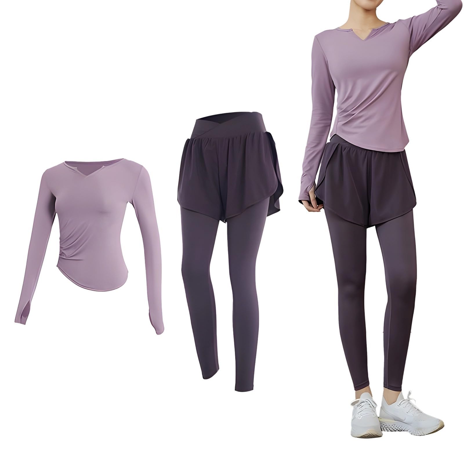 Ensemble de pilates noir deux pièces pour femme, taille XXL (61,2 à 68 kg), haut à manches longues, leggings ou shorts, matériau polyester-élasthanne, violet, taille unique