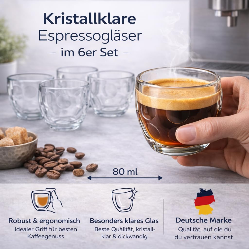 Espressotassen Glas 80ml - 6er Set - Espressogläser Mokkatassen – dickwandig & kristallklar – robuste Espresso Gläser für Siebträgermaschine & Kaffeevollautomat