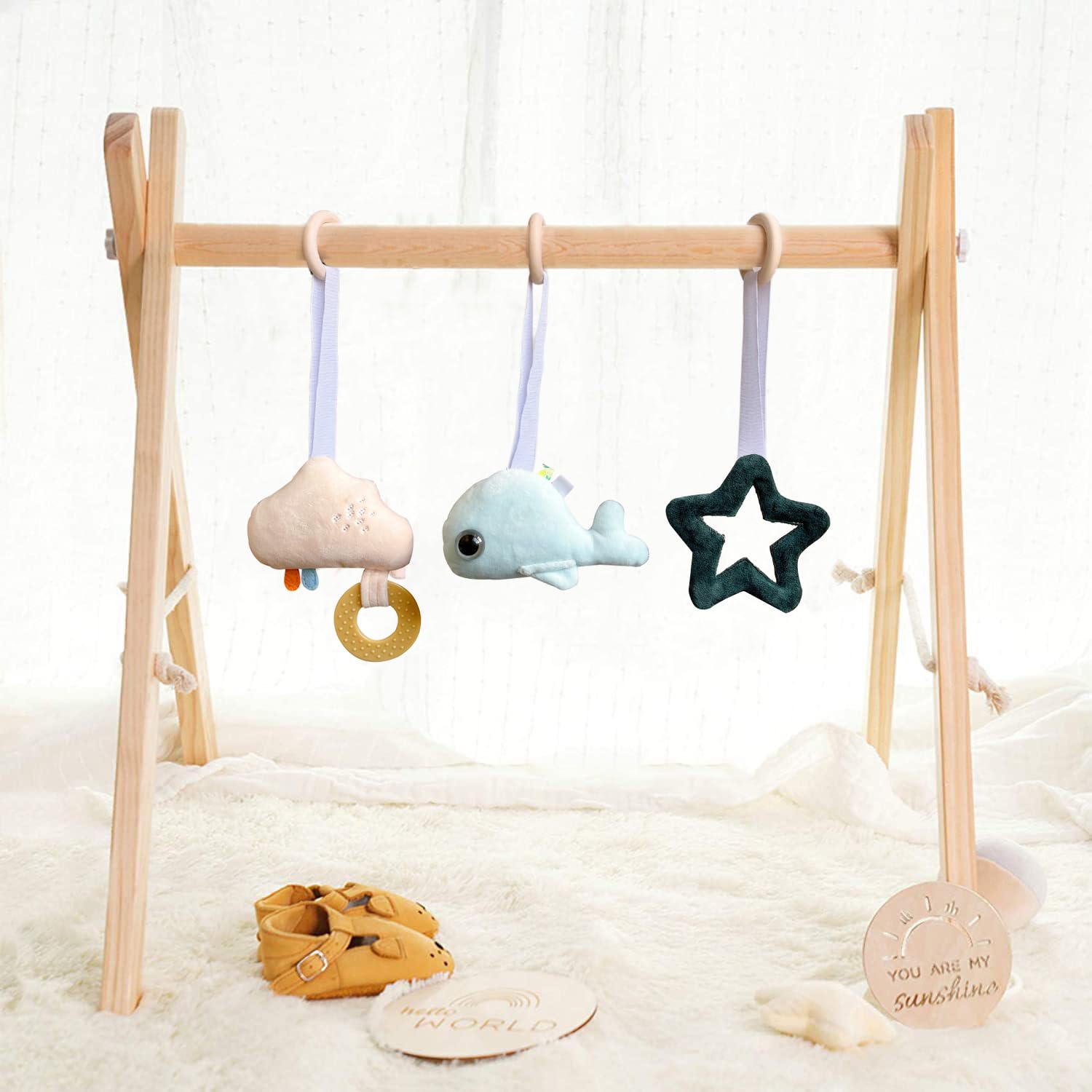Caudblor Juguete Trapezoidal de Madera para Bebé, Rompecabezas para Gimnasio con Colgante, Decoración y Juguete Activo para Habitación Infantil