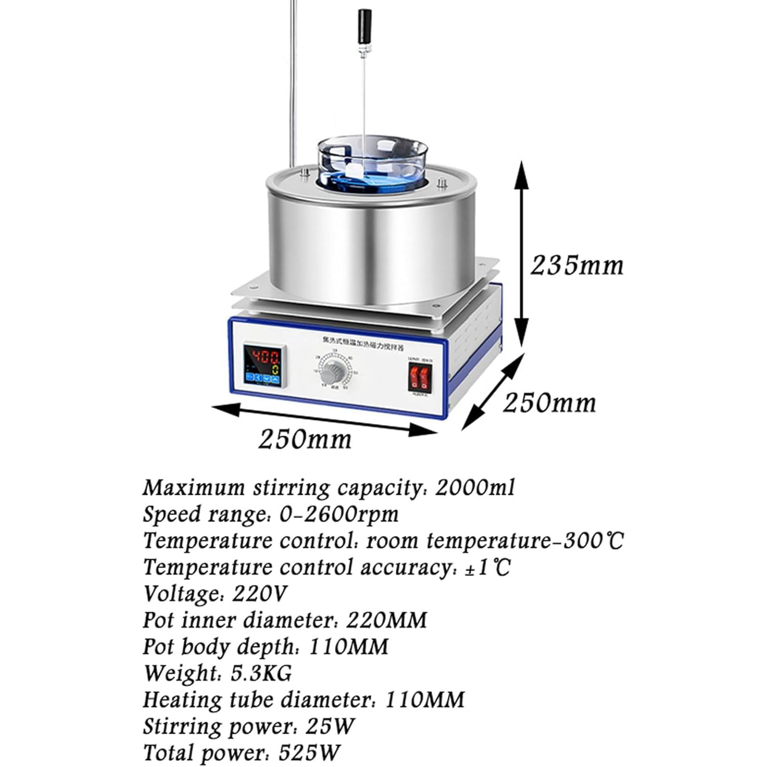 Recipiente calefactor con agitación magnética de 2000 ml, baño de agua y baño de aceite de acero inoxidable para laboratorio, control inteligente de temperatura, 0-2600 rpm, 110 mm de profundidad par