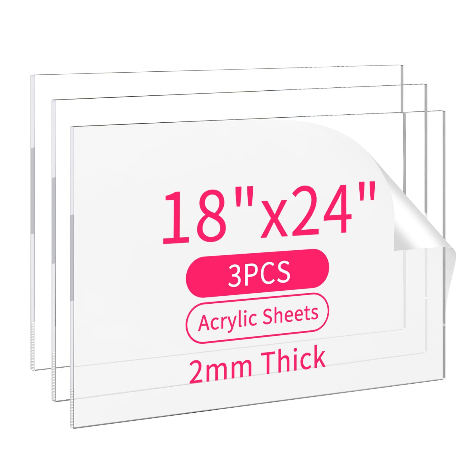 Plexiglass Sheet, 3 Packs 18 "x 24" Large Acrylic Panel 0.8 "Thick (2mm