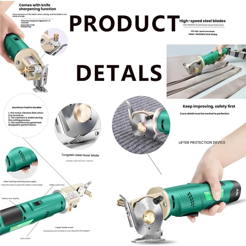 Electric Rotary Fabric Cutter Cordless Electric Scissors1400 Speed Rotating, Cutting Thickness ≤2.5cm/3.3cm with Safety Lock,Comes with 1 or 2 Battery, 2pcs Blade for Cutting Leather, Carpet
