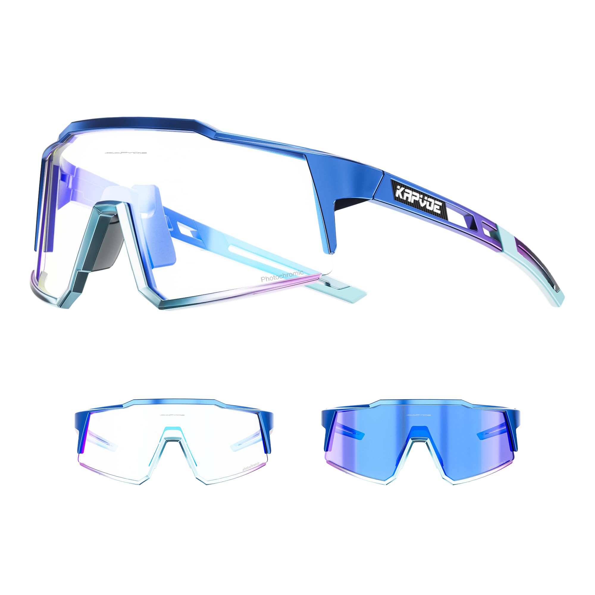 KAPVOE Photochromatische Selbsttönend Fahrradbrille TR90 Rahmen für Herren Damen Klar Sportsonnenbrille Sport Radfahren MTB Radbrille Sportbrille Fahren Baseball Laufen Blau Schwarz K9022