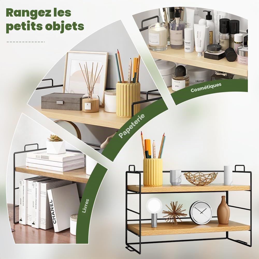 Étagère de Bureau en Bois à 2 Niveaux Étagère de Bureau Rangement Étagère de Rangement Bureau Bibliothèque de Bureau Bois pour Plantes en Pot, Cosmétiques, Livres, 37x24x16.5cm