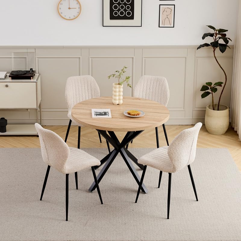 BenyLed Ensemble Table de Salle à Manger Ronde et 4 Chaises, Table en MDF avec Décor Bois Clair et Pieds en Métal, Chaises Rembourrées en Lin pour Cuisine,...