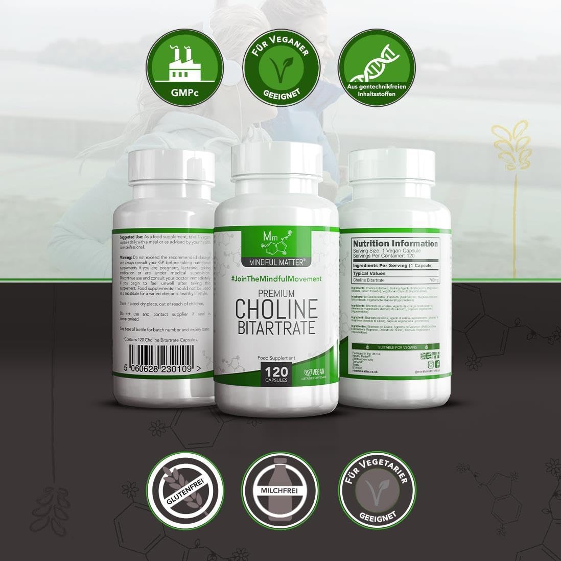 MM Cholin | 120 Vegane Kapseln Choline Hochdosiert | 700mg Extrakt pro Portion - Cholin-Bitartrat Choline Supplement | Gentechnik-, Gluten-, & Allergenfrei | Hergestellt in Großbritannien