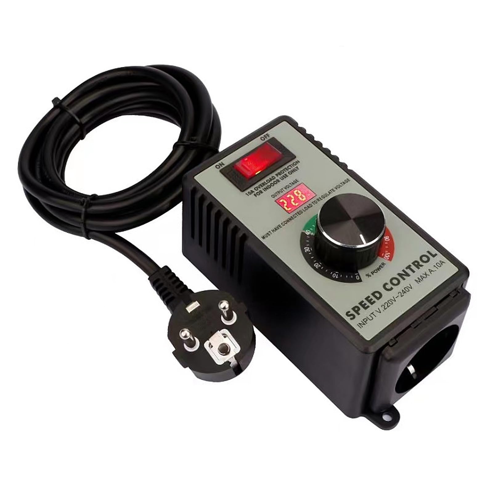 Regolatore di Velocità Motore e Tensione AC 220V - 10A, 4kW Con Interruttore di Avviamento e Spina Europea