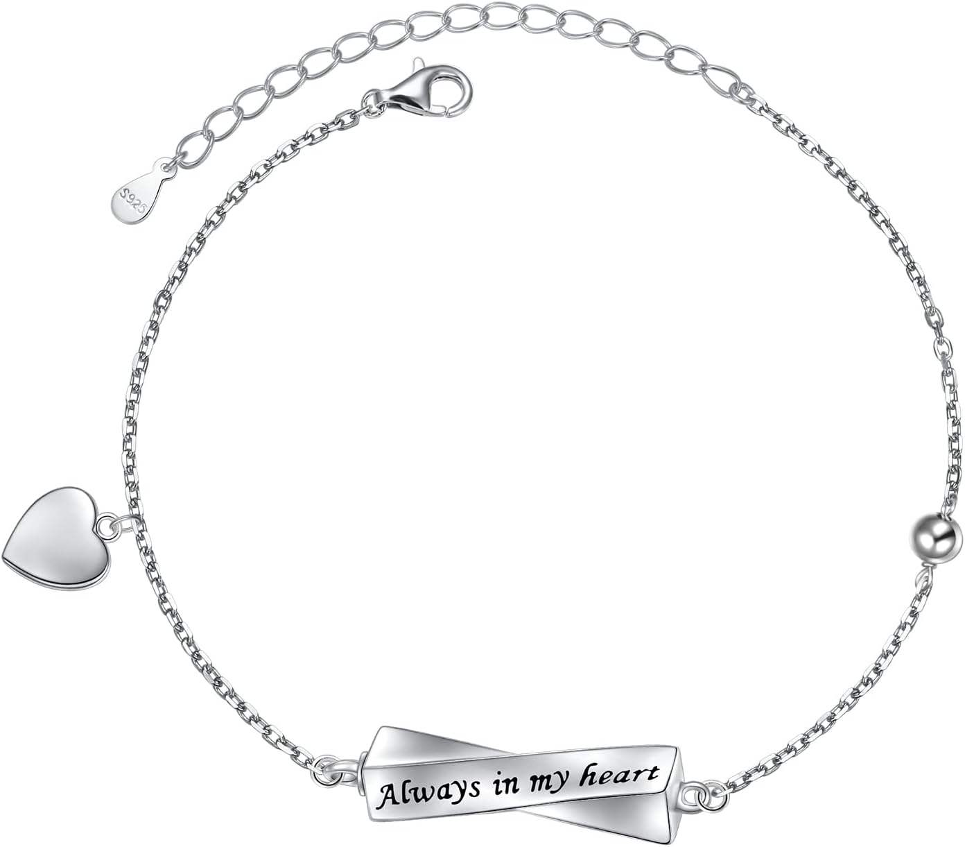 DAOCHONG Sterling Silver Forever in My Heart CZ Cremation Urn Locket Memorial Ashes Holder Bangle Urn Keepsake Bracelet 7+2"