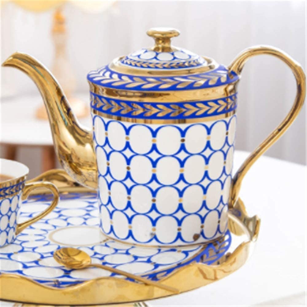 Juego de Tazas de té y café de cerámica con diseño Enrejado y Detalles Dorados. Incluye 6 Tazas de té con Bandeja giratoria (Juego de 14 Tazas Azules).