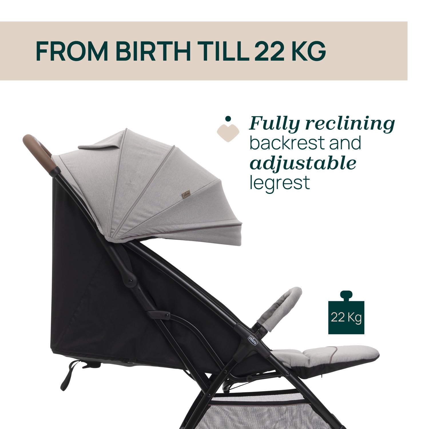 Chicco Glee Kinderwagen Leicht, Automatisches Zusammenklappen, Breiter Sitz, Verstellbare Rückenlehne, Bis 22 kg, Beige