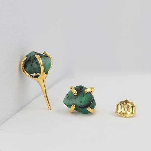 Miniatura 4 de Natural raw emerald stud earrings with yellow gold over 925 sterling silver, 6 to 7mm rough genuine may birthstone gift for her, Uniquelan Jewelry