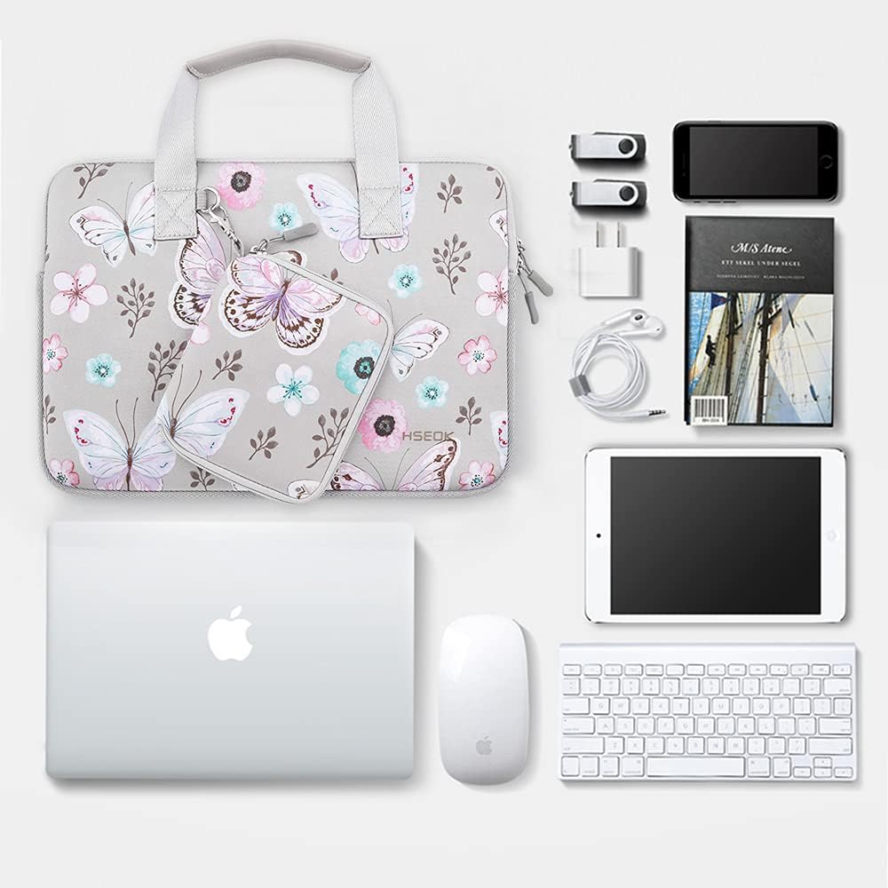 Laptop Sleeve Elastic Neoprene Case Compatible with 13-14 inch MacBook Air/Pro M1 M2, XPS 13, Surface Laptop 13.5", Water Repellent Notebooks Hand Bag with Handle and Small Case,Butterfly