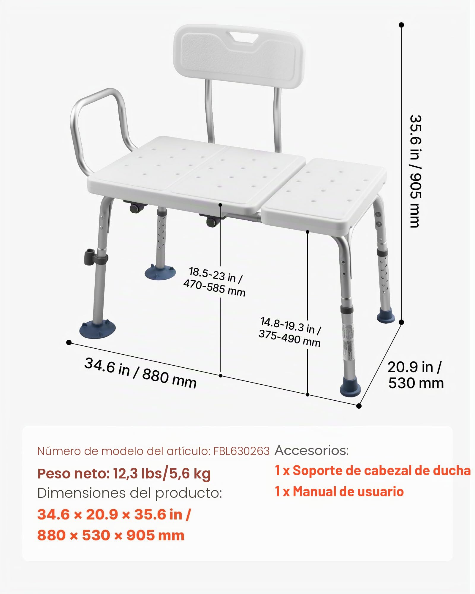 VEVOR Asiento de Bañera con Brazo y Respaldo, Silla para Bañera Altura Ajustable de 375 a 490 mm, Capacidad de 180 kg, Silla de Ducha para Adultos, Personas Mayores, Personas con Discapacidad