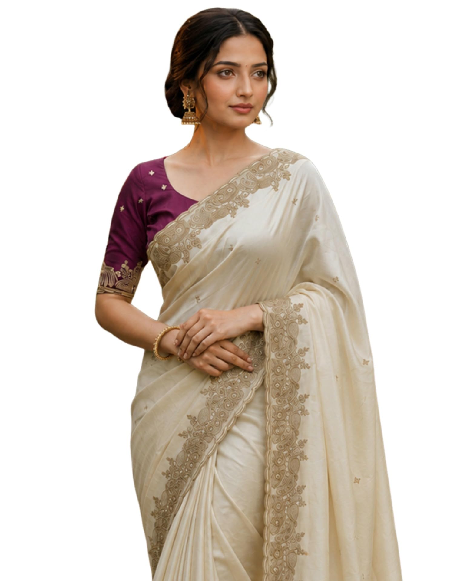 siril Women's Chinnon Embroidery Scalloped Border Saree-picture-30