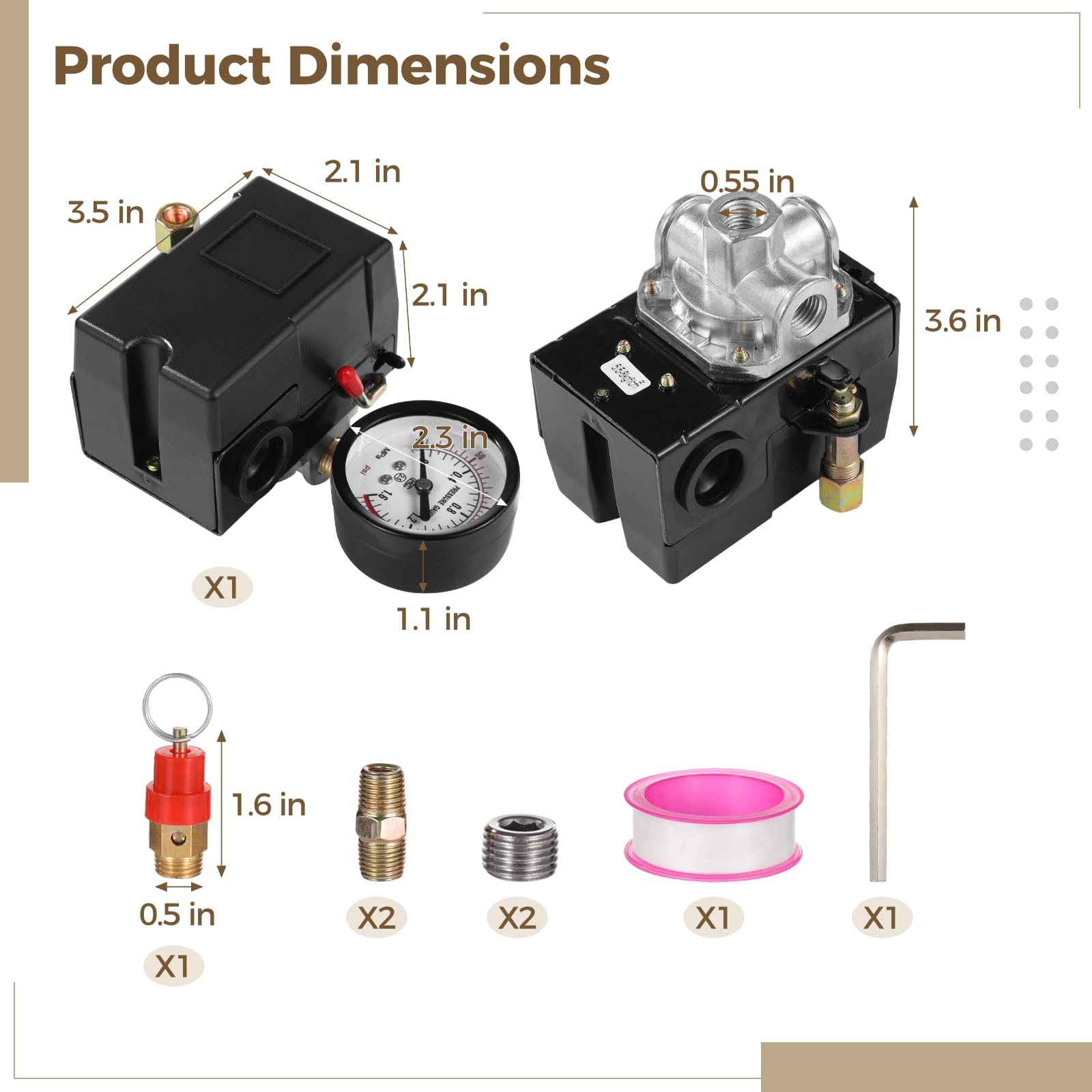 Gruppo pressostato compressore d'aria 1/4, controllo automatico on/off, manometro accurato, valvola di sicurezza di sicurezza, 90-120 Psi, valvola di controllo della pressione del compressore d'aria