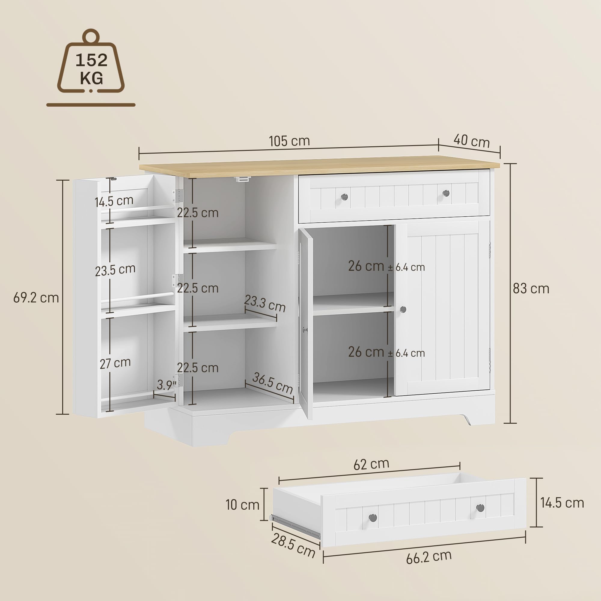 HOMCOM Credenza Cucina con Armadietti, Cassetto, Mobile Cucina con Ripiani Regolabili, Credenza Buffet per Sala da Pranzo, Soggiorno, Stile Moderno, 105x40x83 cm, Bianco