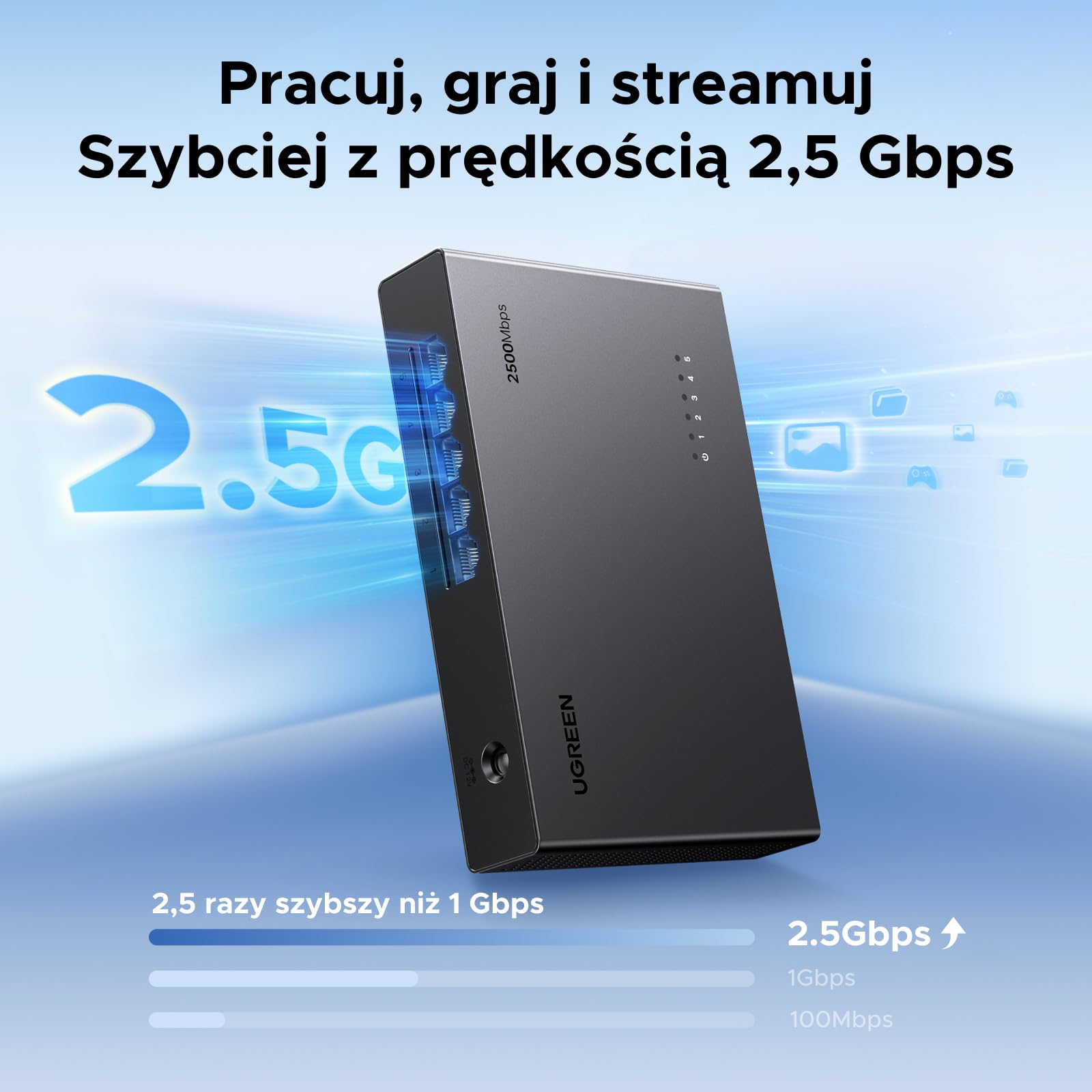 UGREEN Przełącznik LAN 2.5G z 5 portami 2.5G, niezarządzany przełącznik sieciowy do komputerów, serwerów NAS, serwerów, punktów dostępowych WiFi 6