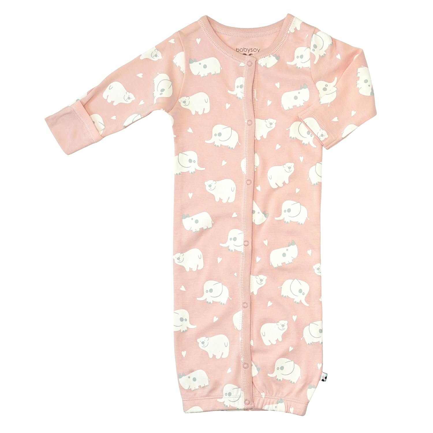 Babysoy Baby Long Sleeve Gown Sleep Sack | Made with Organic Cotton &amp; Azlon from Soy | Ultra Soft Nightgown for Easy Diaper Changes | Modern Prints, Reversible Mittens | 0-3 Months | Animal Peony