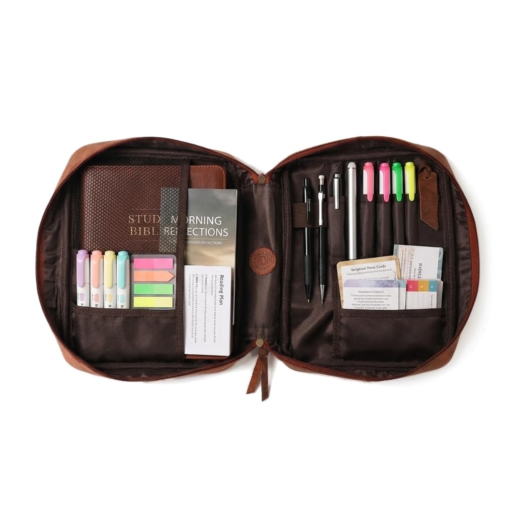 Funda de piel auténtica para hombres y mujeres de 11 x 8 pulgadas, funda de la Biblia con asa y cierre de cremallera, soporte para bolígrafo, múltiples compartimentos de almacenamiento