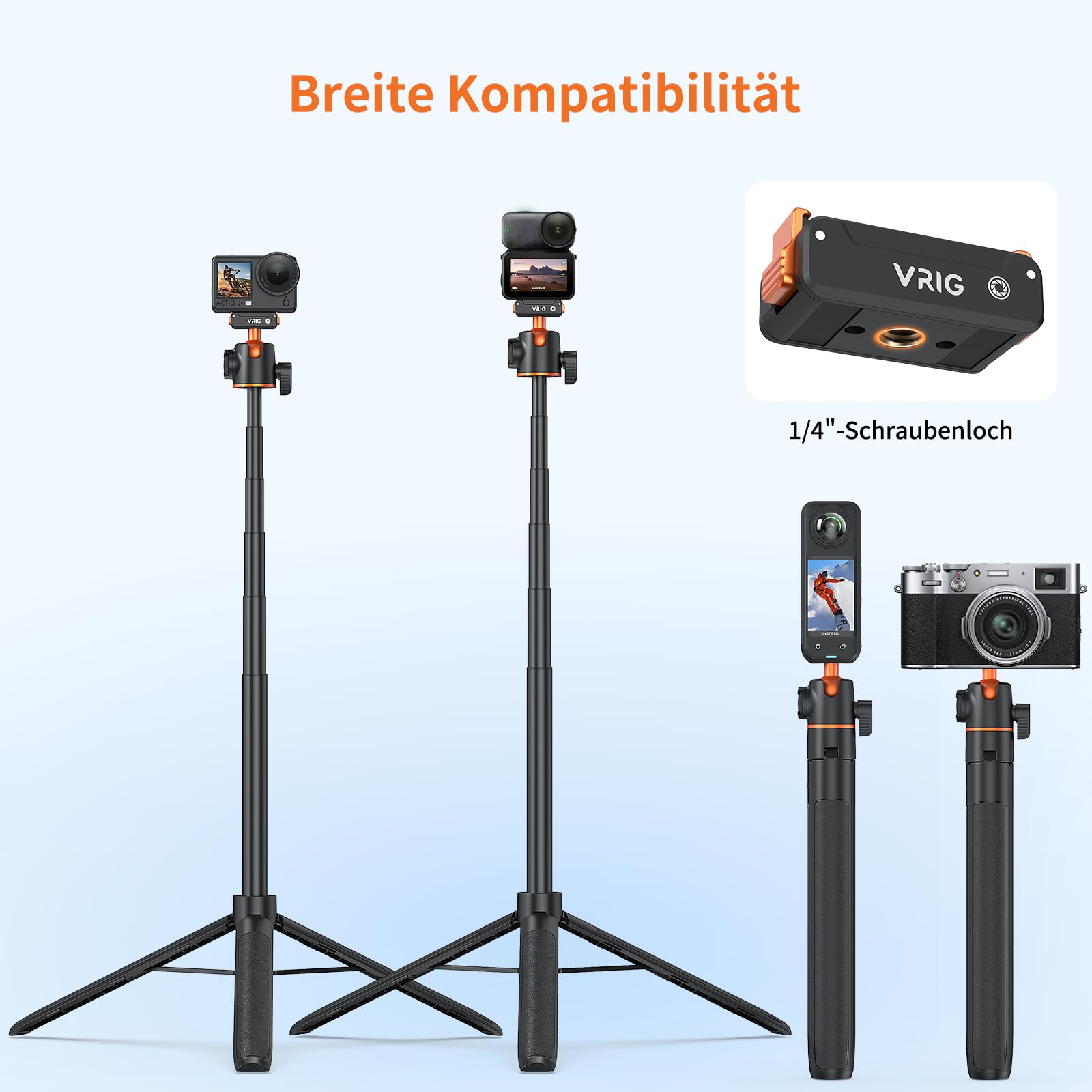 VRIG 140 cm Action Kamera Selfie Stick Stativ für DJI Osmo Nano/Action 6, Zweiwege-Magnetanziehung Schnellwechselhalterung, Ausziehbare Stange, Länge 33 bis 140 Zentimeter, AC-71