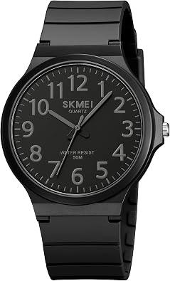 CARLIEN Mens Sport Simple Arabic Numerals 50M Waterproof Quartz Analog Watch Minimalist Dial Big Face 3-Hand TPU Black Strap Fashion Casual Fashion Wristwatch