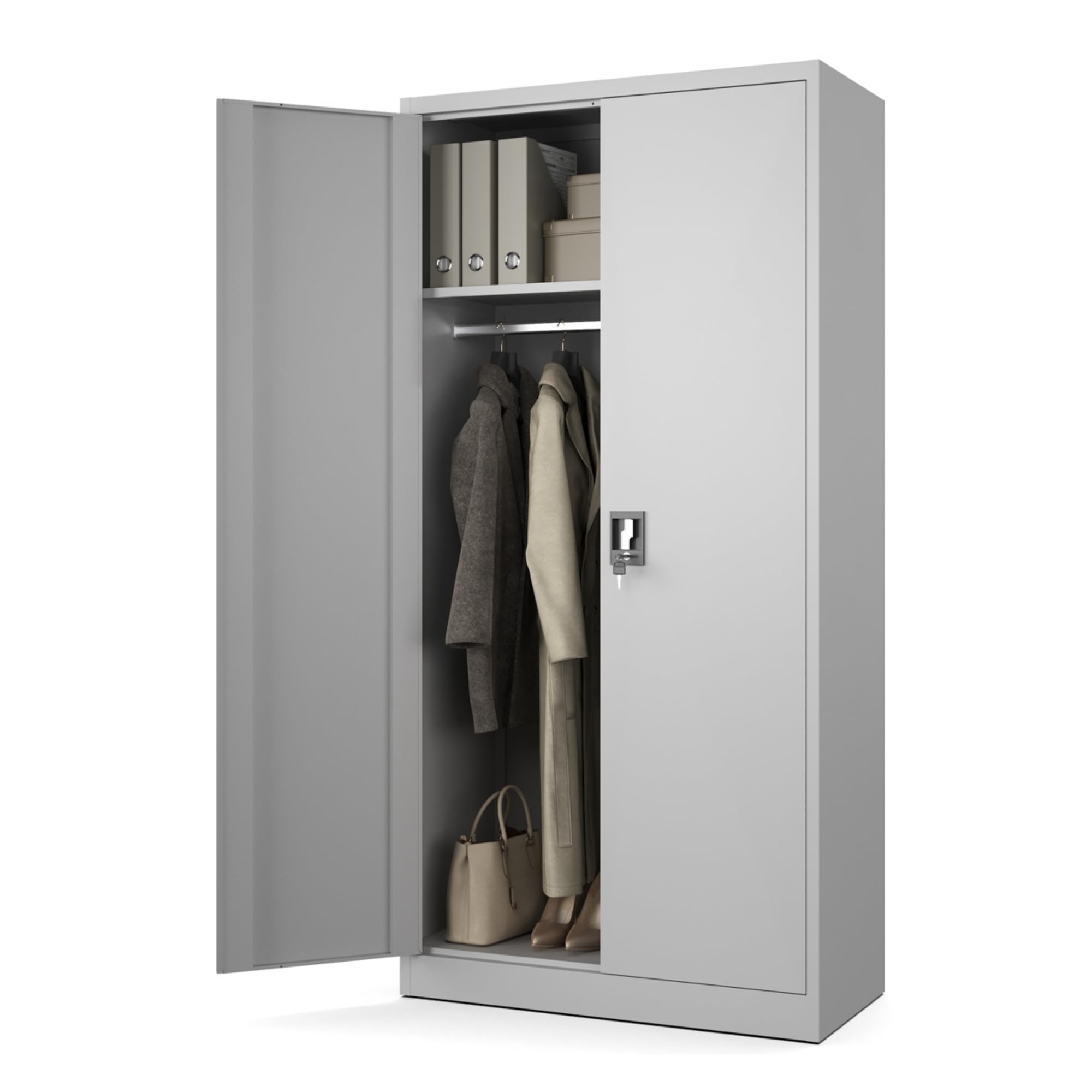 Muralo Metallschrank mit Kleiderstange 185x90x45 cm - Grau | Aktenschrank abschließbar, 4 verstellbare Einlegeböden, Dreipunkt-Verriegelung, Pulverbeschichtung - für Büro, Werkstatt