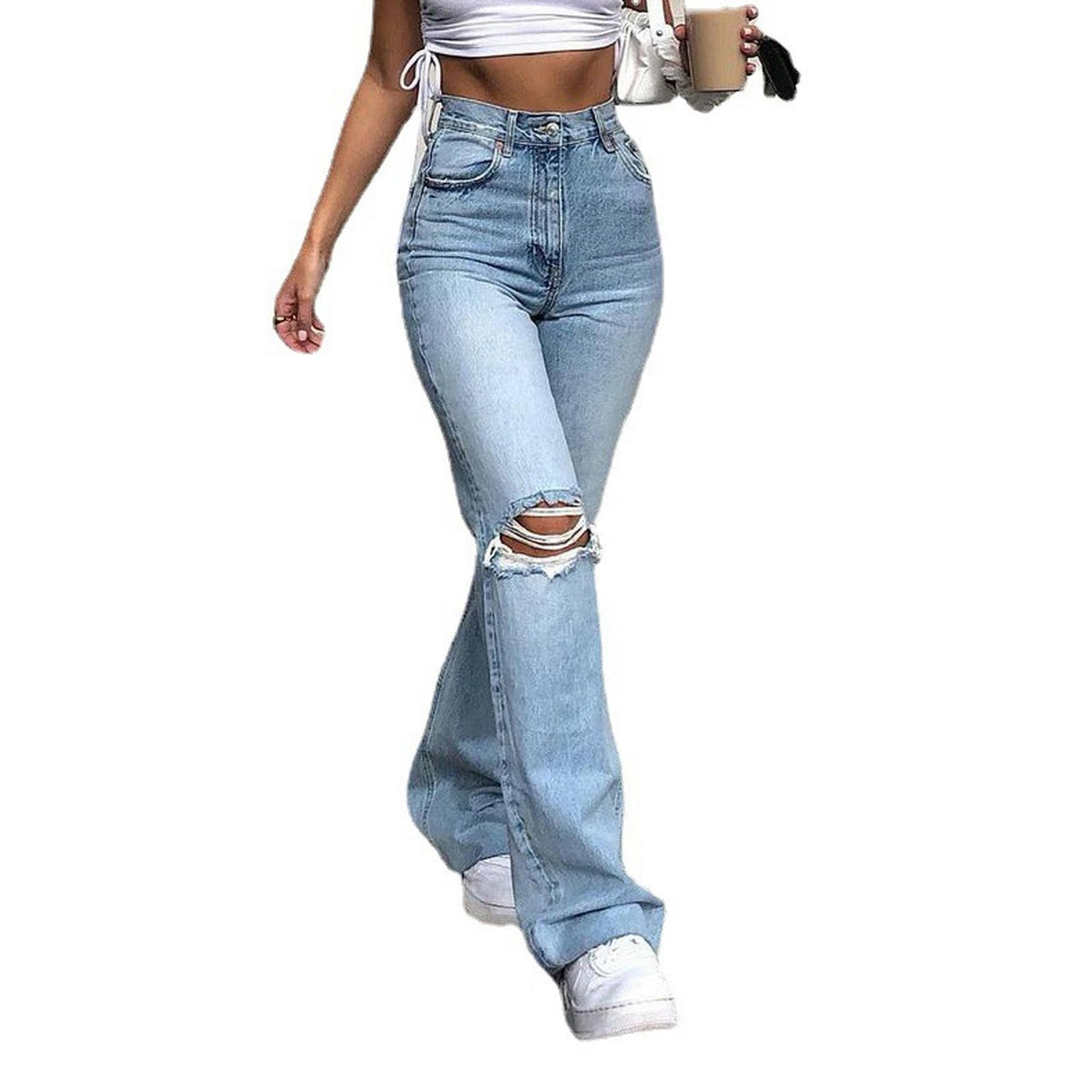 Pantaloni in Denim a Gamba Larga Jeans Bootcut Strappati - Nero e Grigio - M