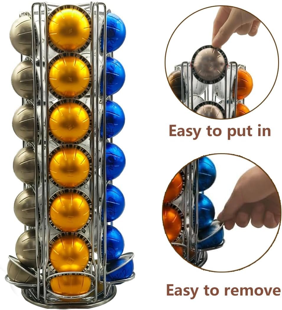 Kapselhalter für Nespresso Vertuo Kapseln, Kaffee Kapsel Ständer Drehbare Pod Rack hält Nespresso Vertuoline Kapseln (35 Pods), Silber