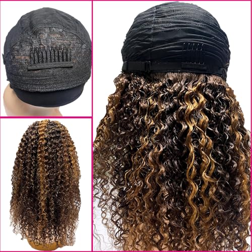 Image of Highlight Ombre Headband Wig Human Hair Kinky Curly Headband Wigs for Black 14 Inch Women Human Hair Honey Blonde Headband Wig Curly Human Hair #4 /27 Brazilian Virgin Hair Glueless Wig 150% Density