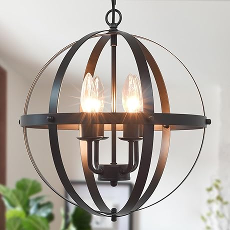 Black 4-Light Farmhouse Chandelier for Dining Room - Rustic Industrial Orb Pendant Light Fixture
