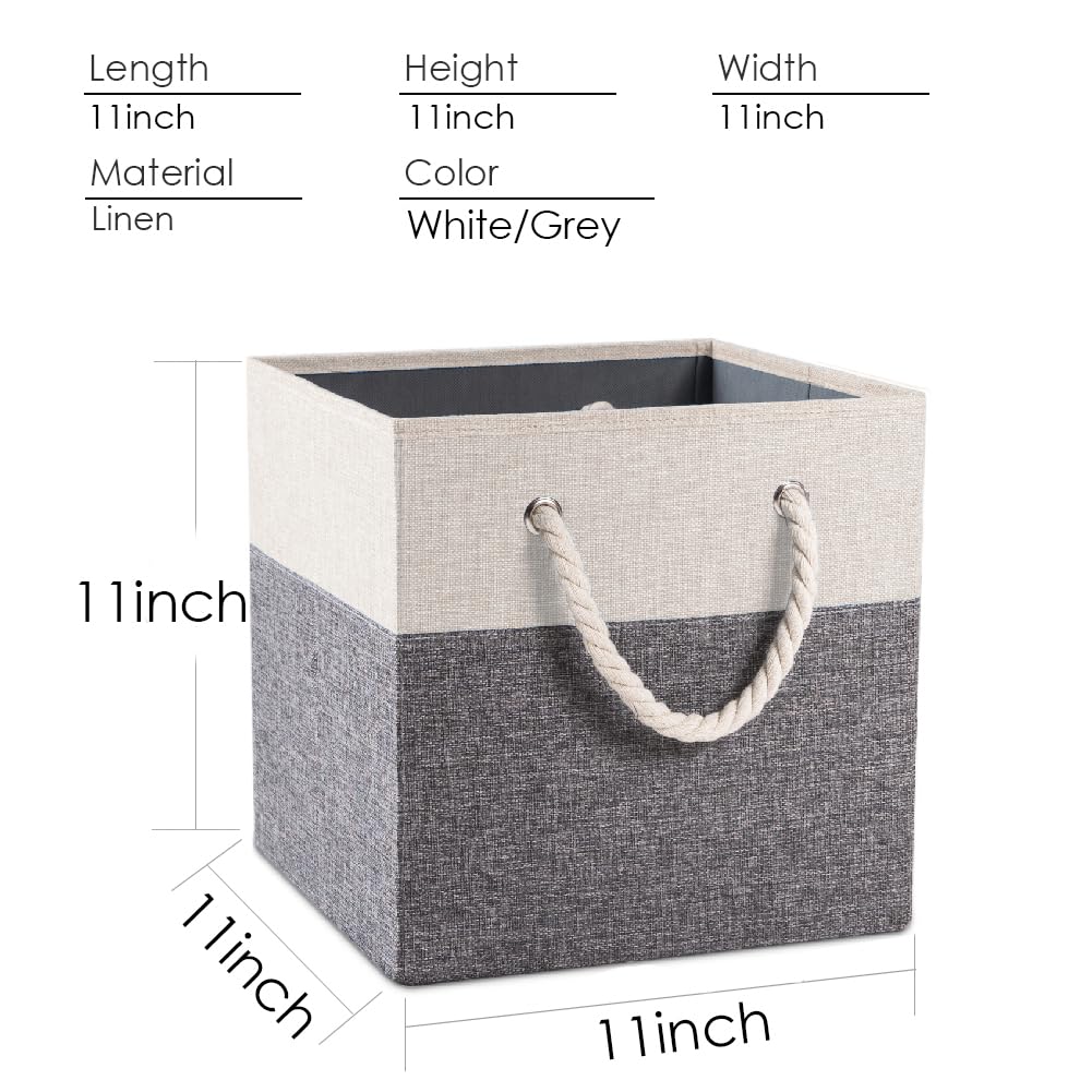 PRANDOM Large Foldable Cube Storage Bins 11x11 inch [4-Pack] Fabric Linen Storage Baskets Cubes Drawer with Cotton Handles Organizer for Shelves Nursery Closet Bedroom White and Grey