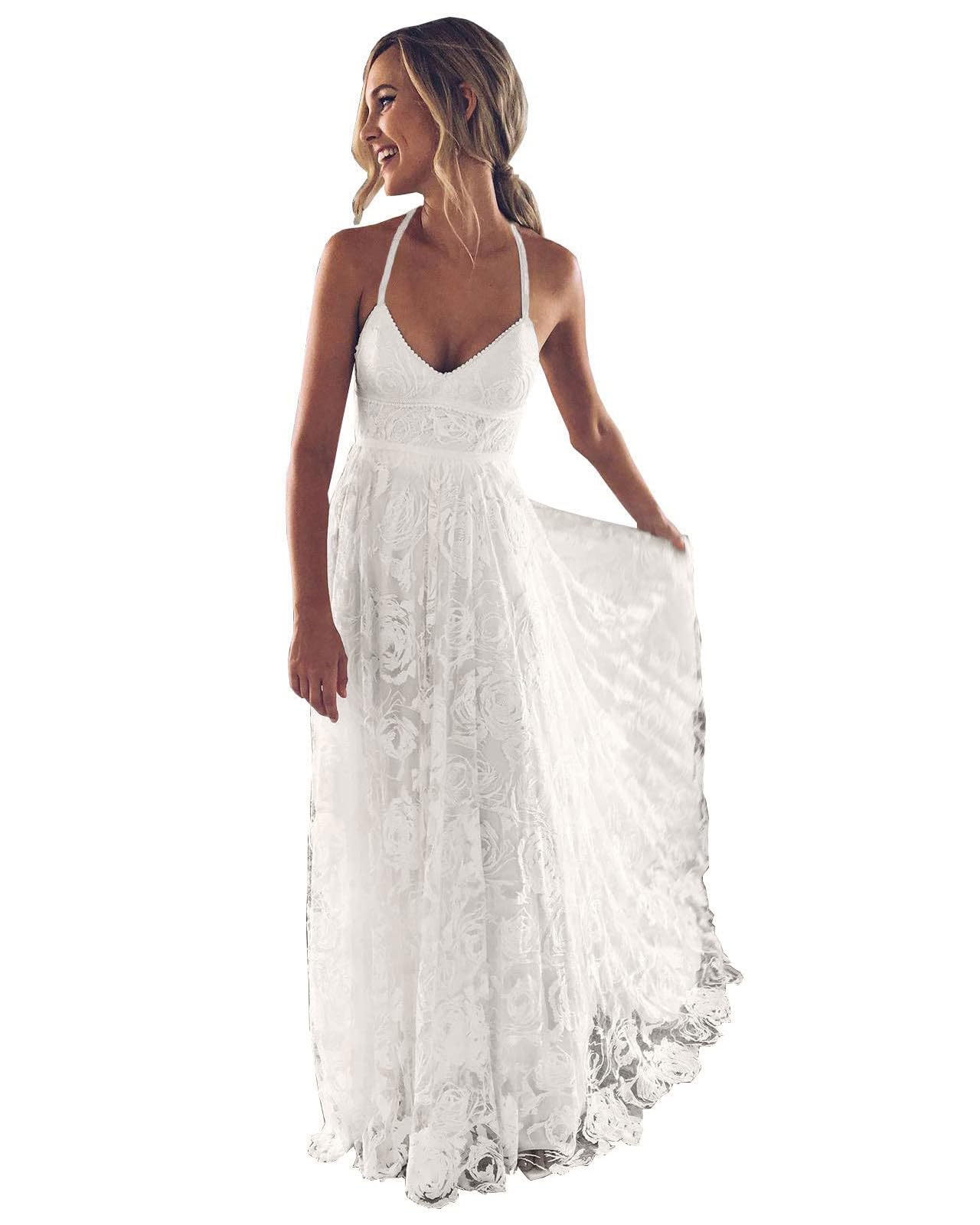 Women's Long Lace Wedding Dresses for Bride 2025 Simple Beach Wedding Dress with Train Boho Bridal Gown WD97