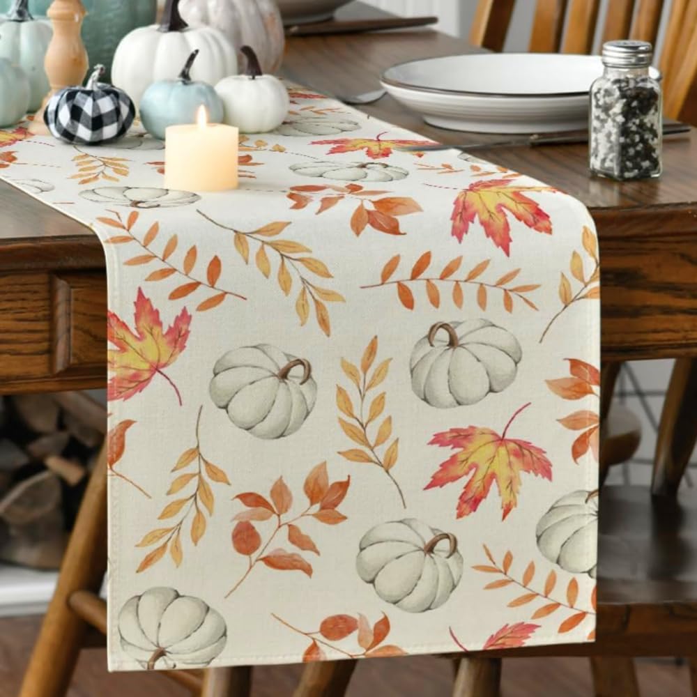 HuYiGGZ Thanksgiving Autumn Orange Pumpkins Maple Leaves Autumn Table Runner Rectangle Tablecloth Dining Room Decor for Tabletop Decor Picnic Party Kitchen Wedding - Image 2