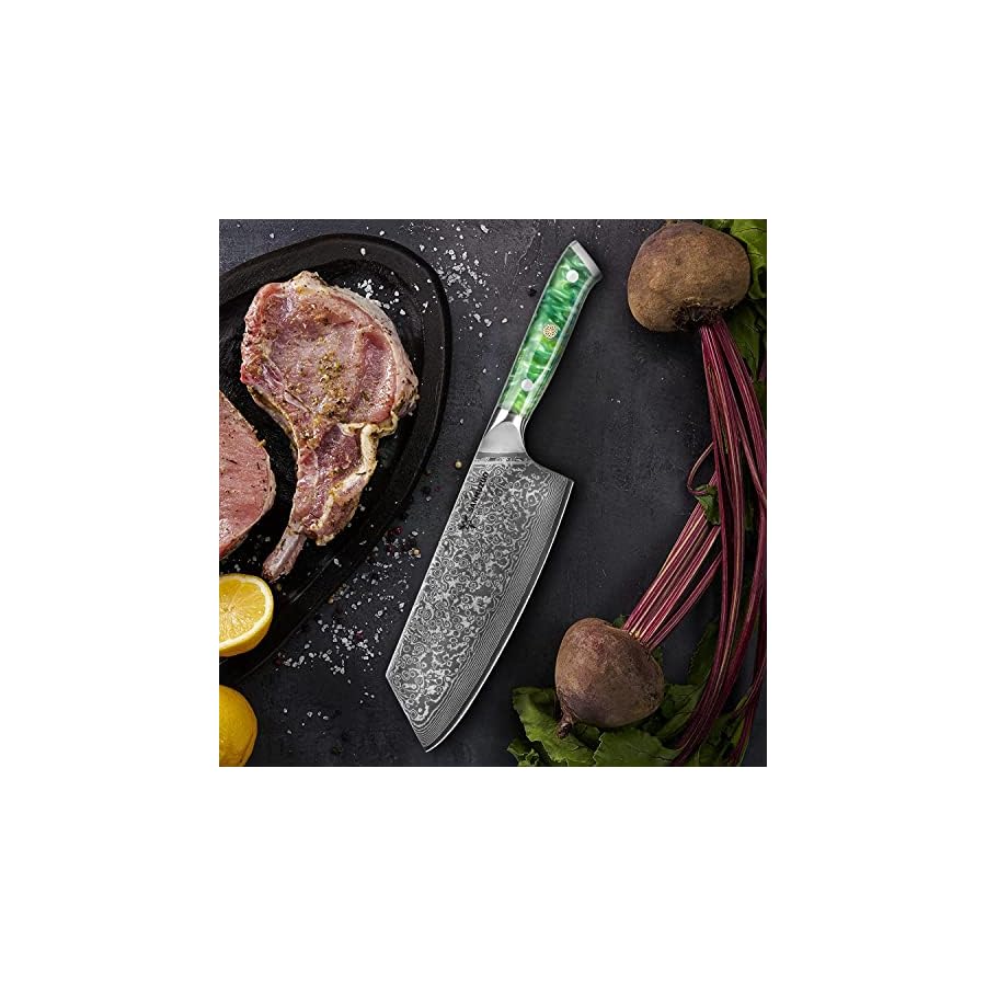 SANMUZUO Nakiri Knife - 7.5 inch Cleaver Knife- Xuan Series - VG10 Damascus Steel Kitchen Knife - Resin Handle (Jade Green)