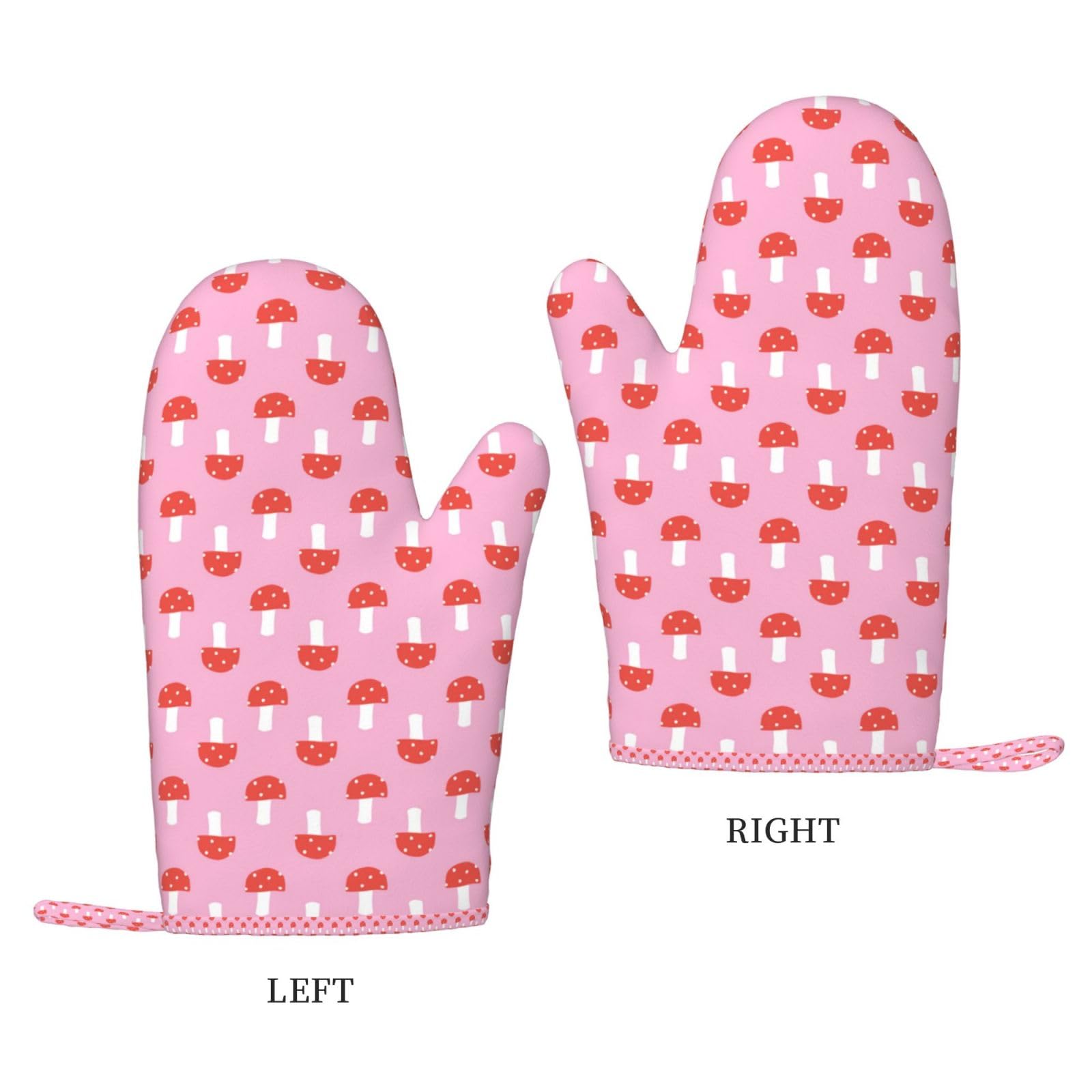 Ensemble de Quatre Gants et maniques résistants à la Chaleur, Gants de Cuisine antidérapants, maniques de Four, Motif Champignons Rose et Rouge