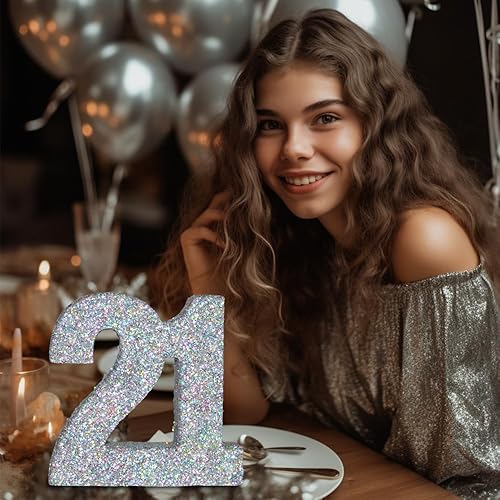 Miniatura 10 de Letrero plateado con purpurina para decoración de cumpleaños de 0, centros de mesa de aniversario de cumpleaños para decoración de mesa, números